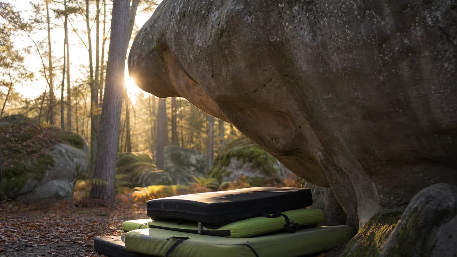 Crashpad Mad Rock Mad Pad déplié au pied d'un bloc de grès en forêt de Fontainebleau