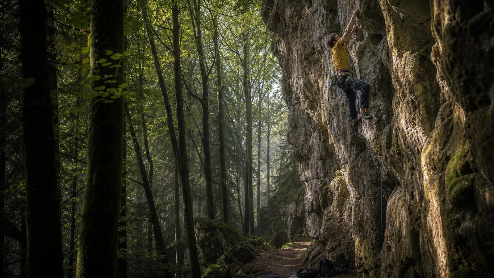 Falaise calcaire confidentielle dans la campagne française, grimpeur seul sur une voie modeste, forêt environnante, ambiance contemplative de fin de journée d'automne